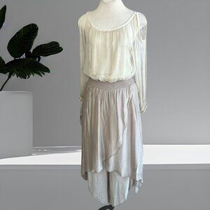 Tempo Paris Taupe Silk Blend Outfit Layer Skirt Cold Shoulder Top NWT Size L